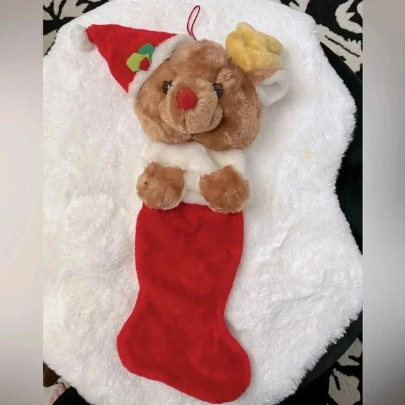 Vintage Other - Vintage Christmas Stocking Teddy Bear Santa Hat Reindeer 80’s 90’s Cute Gift